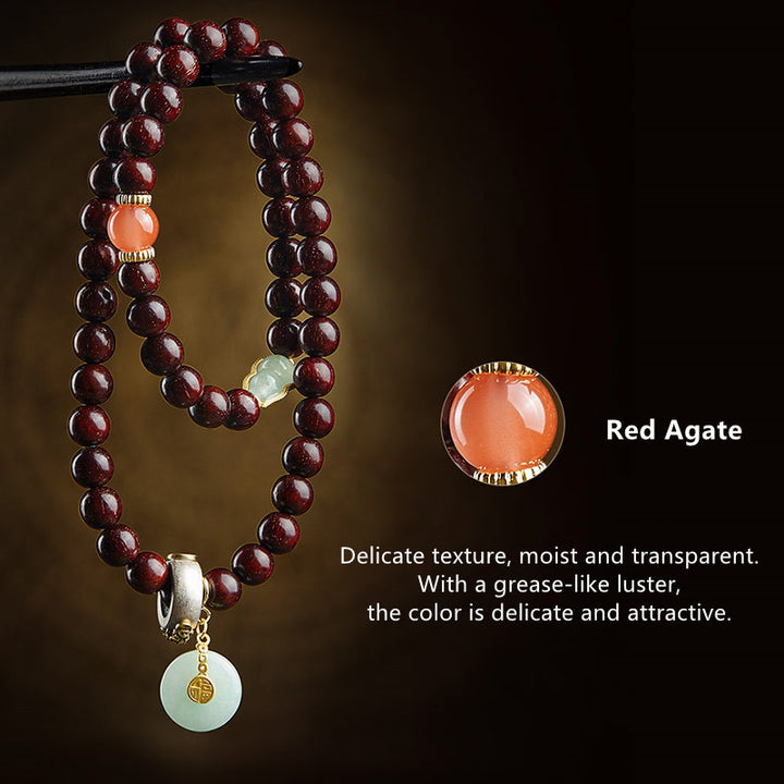 Buddha Stones Zodiaque chinois Bouddha natal Petite feuille Bois de santal rouge Jade Agate rouge Bracelet apaisant PiXiu