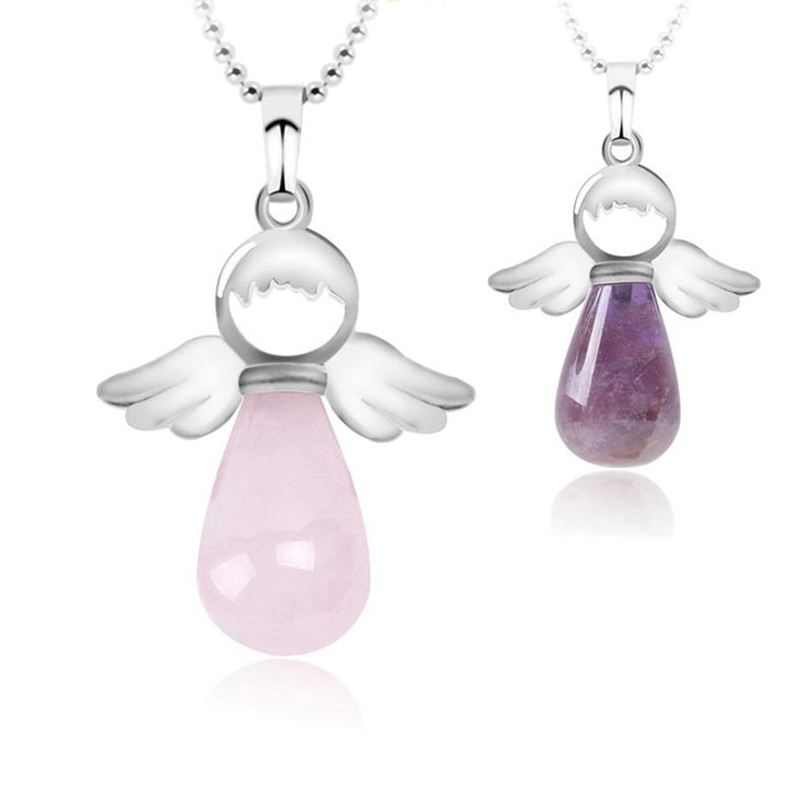 Collier pendentif porte-bonheur en cristal naturel avec petites ailes d'ange de Buddha Stones