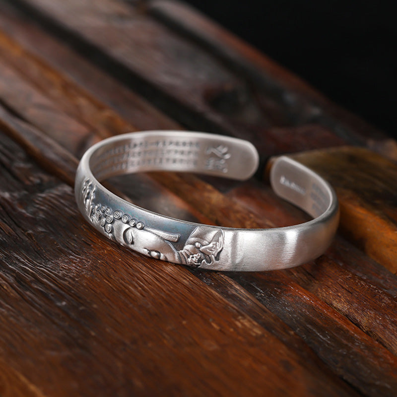 Bracelet Buddha Stones en argent sterling 999 avec tête de Bouddha et cœur Sutra de la sérénité