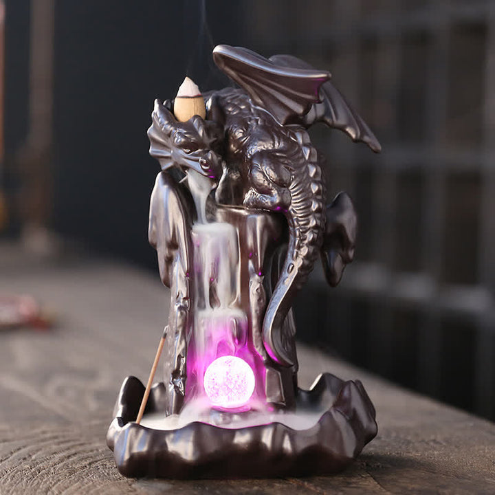 Fontaine à fumée à refoulement en céramique avec dragon nordique, brûleur d'encens de guérison et de méditation, décoration à boule LED
