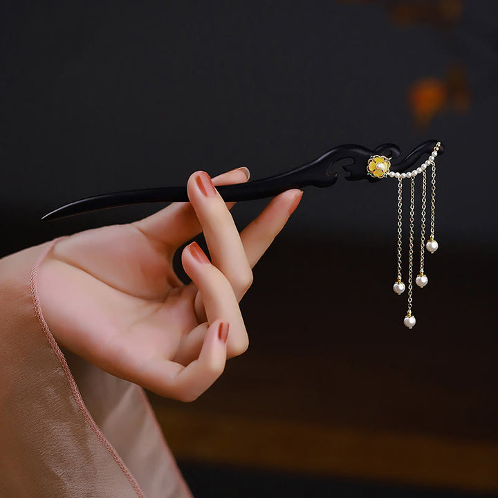 Épingle à cheveux en bois d'ébène avec Buddha Stones et fleurs jaunes et perles