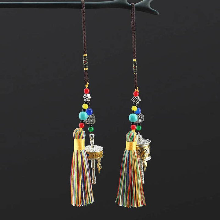 Roue de prière tibétaine Om Mani Padme Hum avec pompon pour sac, décoration suspendue pour voiture