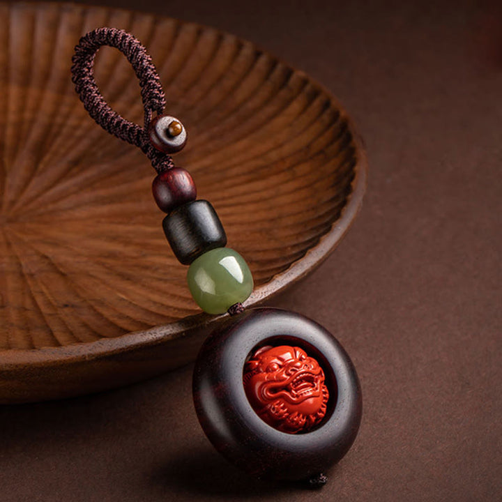 Buddha Stones Tibet Om Mani Padme Hum PiXiu Pièce de cuivre Petite feuille Bois de santal rouge Cinabre Protection Porte-clés