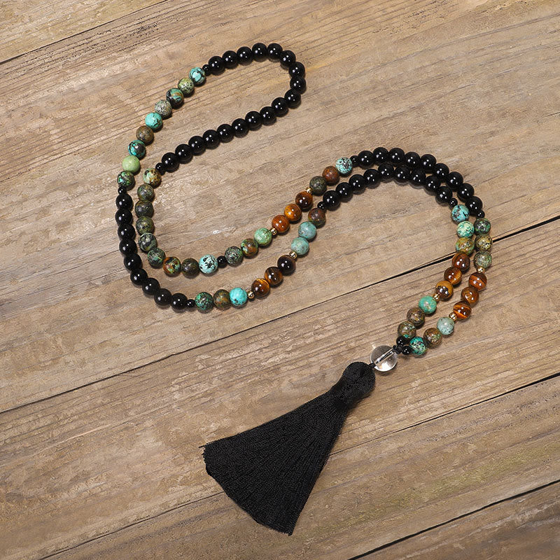 Collier Bracelet Mala 108 Perles Pierre Naturelle Oeil de Tigre Turquoise Protection Force Buddha Stones