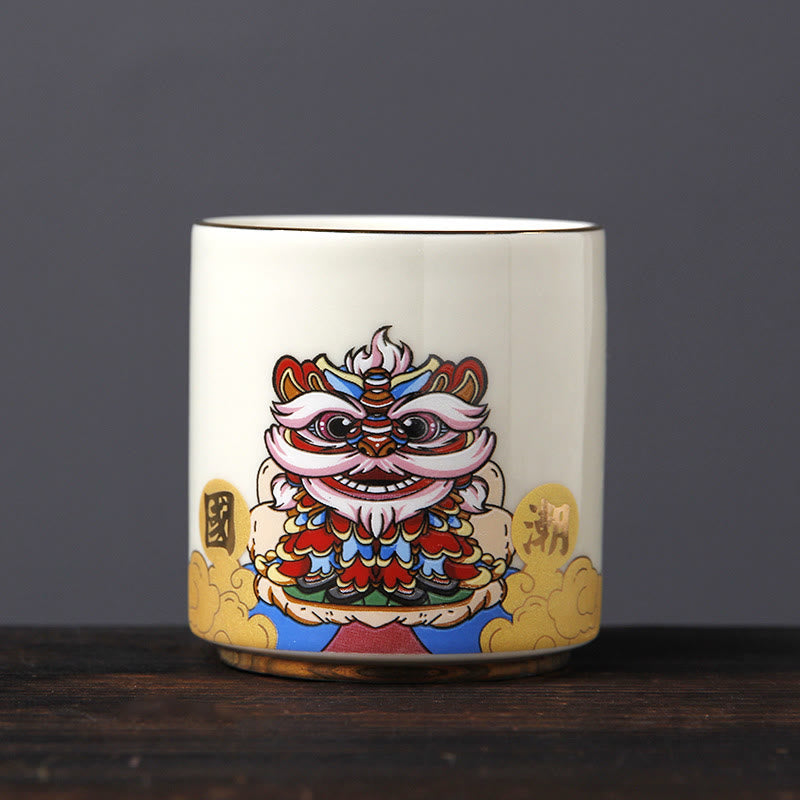 Buddha Stones Vintage Fleur de Prunier Pin Bambou Phénix Kirin Lion Dansant Tasse à Thé en Céramique Tasses à Thé