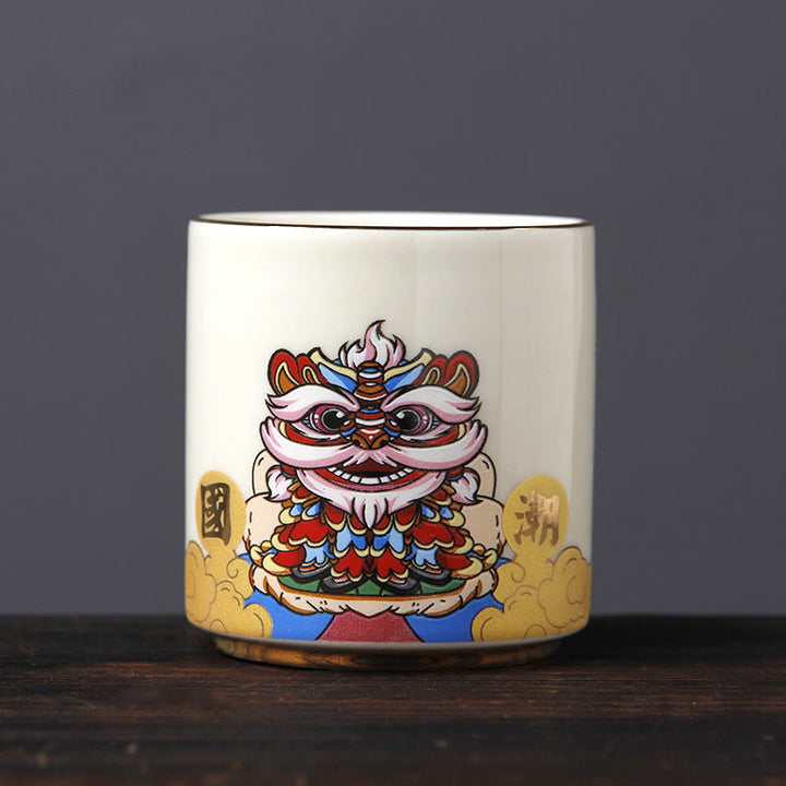 Buddha Stones Vintage Fleur de Prunier Pin Bambou Phénix Kirin Lion Dansant Tasse à Thé en Céramique Tasses à Thé