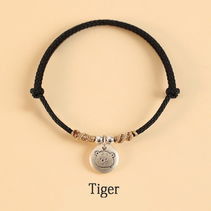 Bracelet tressé en argent sterling 999 fait main avec Buddha Stones Année du Dragon, joli signe du zodiaque chinois - Corde noire - Tigre (tour de poignet 14-17 cm) - image 27