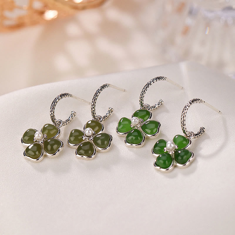 Boucles d'oreilles trèfle à quatre feuilles en argent sterling 925 et jade cyan naturel avec pierres de Buddha Stones
