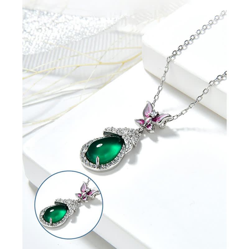 Collier pendentif courage en argent sterling 925 avec calcédoine verte et zircon papillon