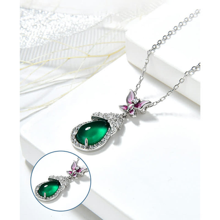Collier pendentif courage en argent sterling 925 avec calcédoine verte et zircon papillon