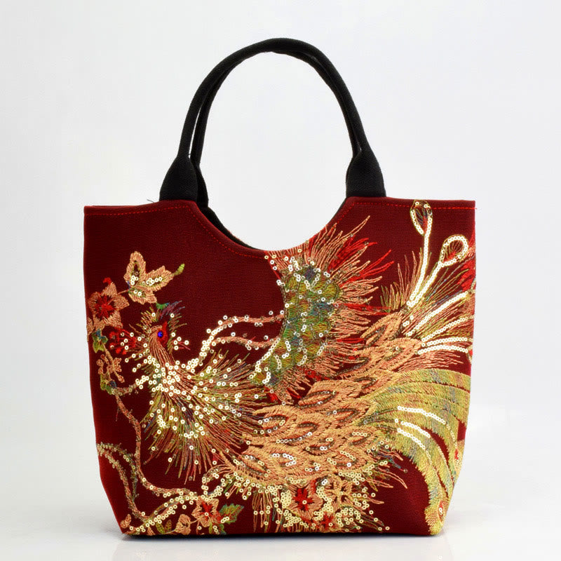 Sac cabas brodé double face avec motif de paon et Buddha Stones, sac bandoulière - Paon rouge vin - Sac fourre-tout simple - image 17