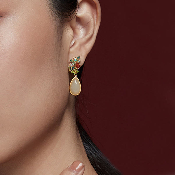 Boucles d'oreilles pendantes en forme de goutte d'eau Buddha Stones, jade blanc, agate rouge, papillon, protection