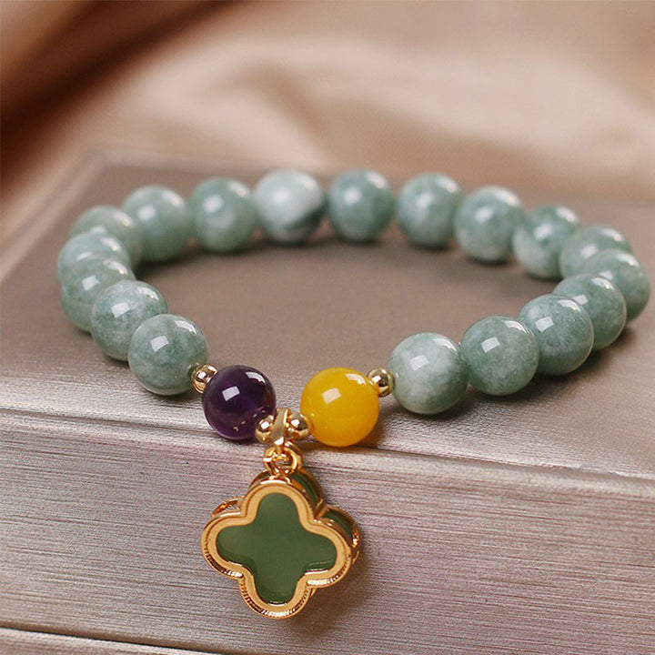 Bracelet porte-bonheur en jade et trèfle à quatre feuilles avec Buddha Stones