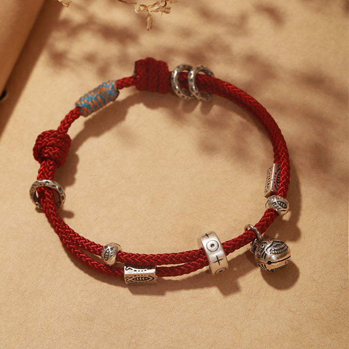 Bracelet tressé artisanal en argent sterling 925 Buddha Stones et or représentant une bête avaleuse de poisson Koi - Rouge (Tour de poignet 16-18 cm) - image 0