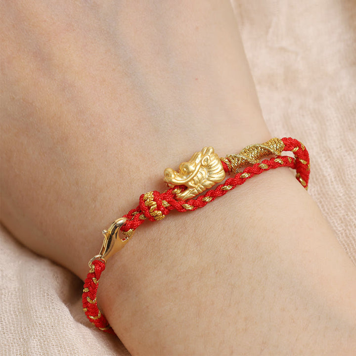 Bracelet tressé en fil rouge à huit fils en argent sterling 999 de Buddha Stones, fabriqué à la main, avec dragon porte-bonheur