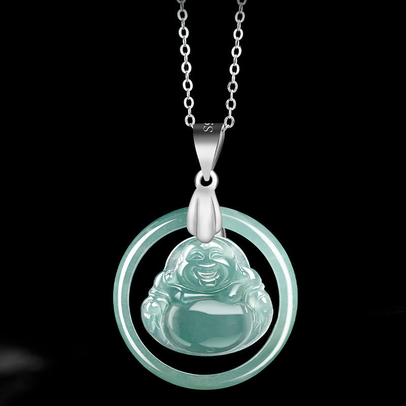 Collier pendentif rond en jade naturel représentant un Bouddha Buddha Stones, symbole d'abondance, avec chaîne en acier titane et pierres de Bouddha. - image 3
