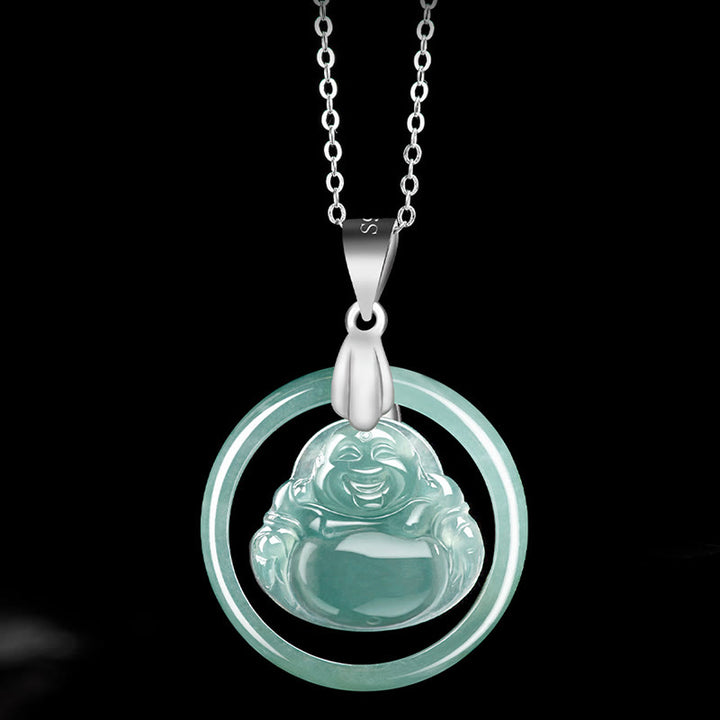 Collier pendentif rond en jade naturel représentant un Bouddha Buddha Stones, symbole d'abondance, avec chaîne en acier titane et pierres de Bouddha. - image 3