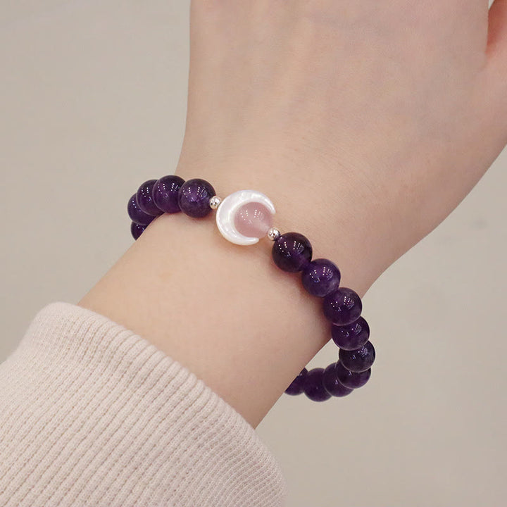 Buddha Stones de guérison en forme de croissant de lune en argent sterling 925 avec améthyste naturelle et aigue-marine en cristal rose œil de chat