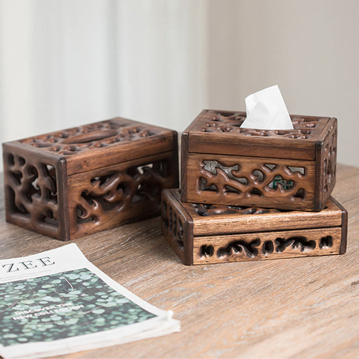 Boîte à mouchoirs en bois rétro Porte-mouchoirs en bois gravé Boîtes à lingettes Décoration - image 1