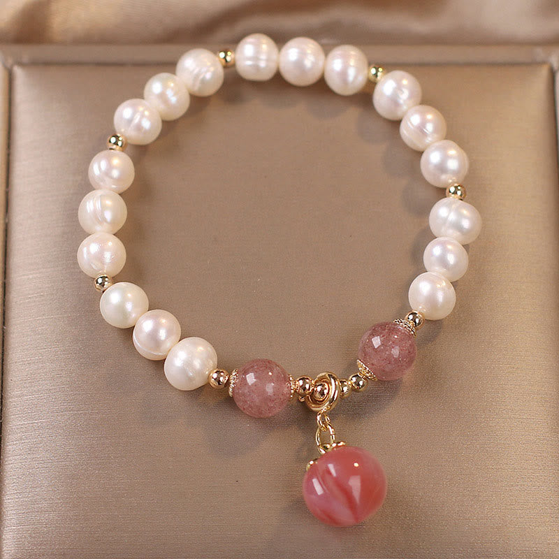 Bracelet à Buddha Stones en perles naturelles et quartz fraise, pêche, amour, cœur, sagesse