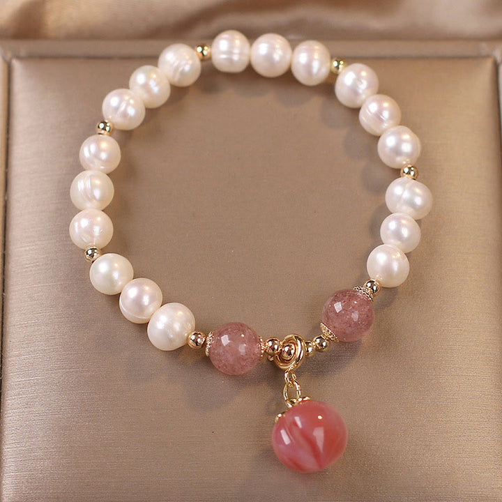 Bracelet à Buddha Stones en perles naturelles et quartz fraise, pêche, amour, cœur, sagesse