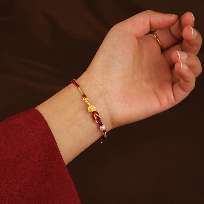 Bracelet tressé porte-bonheur en or 24 carats avec perles et lapin en forme de personnage Fu avec poignée Ruyi et Buddha Stones