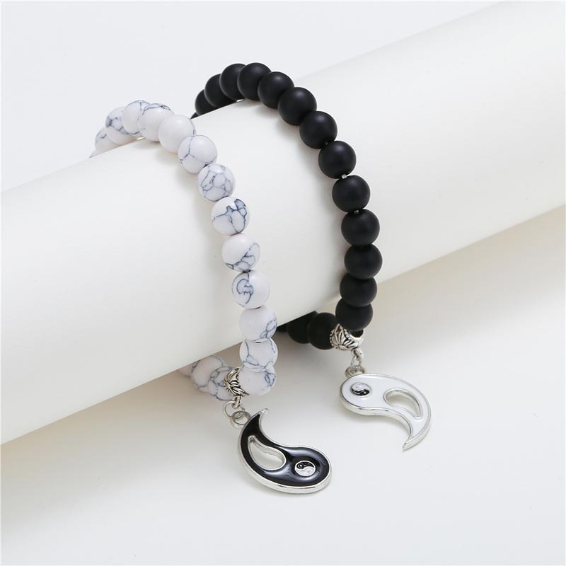 Bracelet couple Yin Yang en perles de turquoise blanche et onyx noir naturel 2 pièces Buddha Stones - image 6