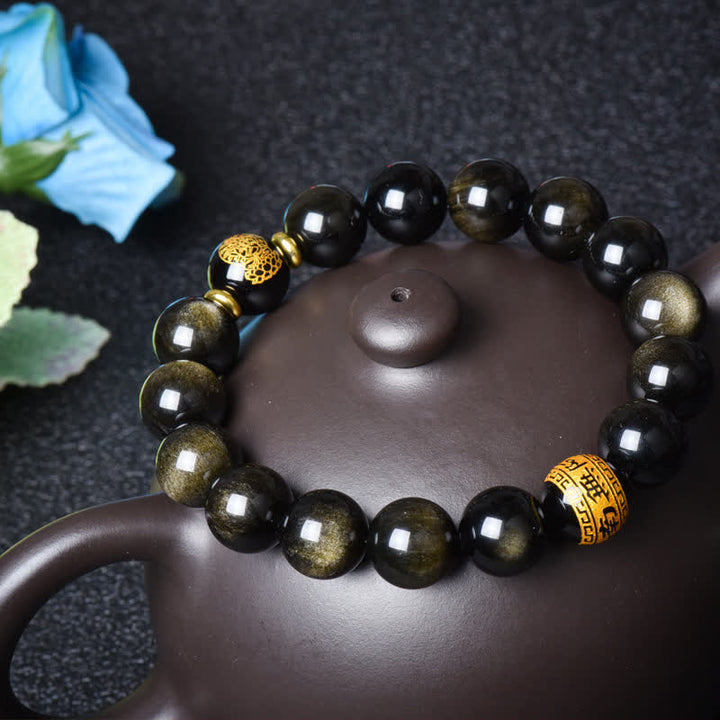Bracelet de protection de richesse en obsidienne dorée avec Bouddha du zodiaque chinois