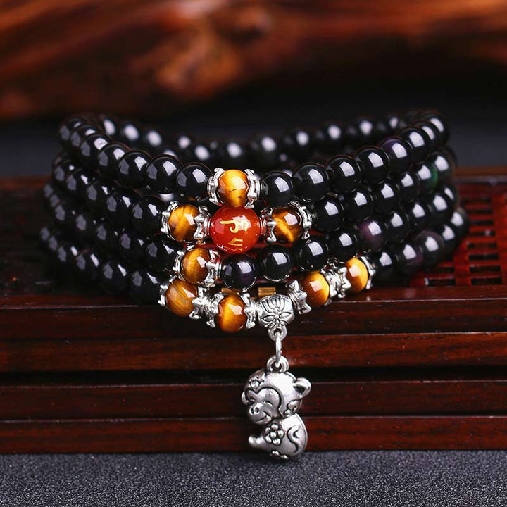 Bracelet Mala porte-bonheur en obsidienne noire et œil de tigre avec 108 perles du zodiaque chinois