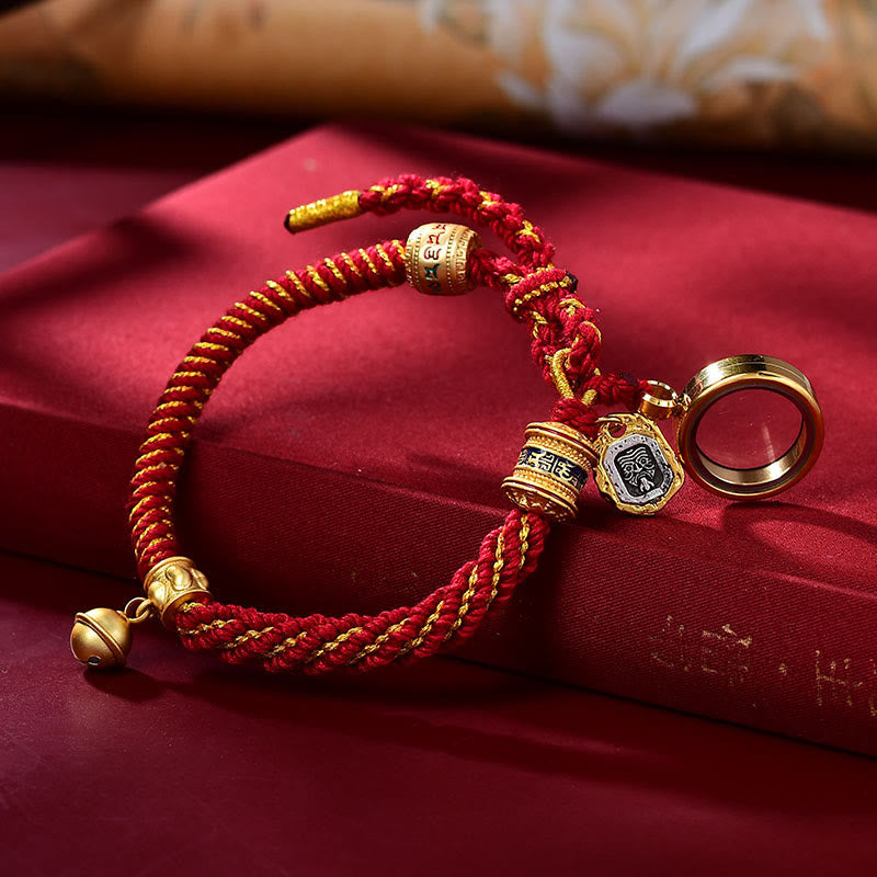 Bracelet amulette tibétain en Buddha Stones sculptées Om Mani Padme Hum déesse de la richesse Zakiram - Boîte de prière en or rouge et ghau (tour de poignet 14-20 cm) - image 7