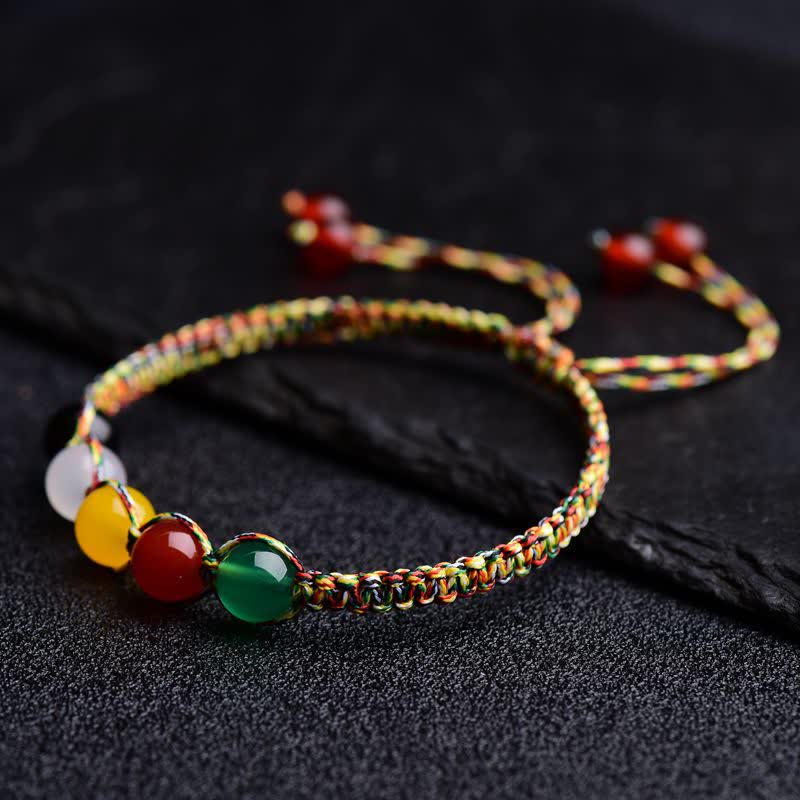 Bracelet en fil d'agate colorée, métal, bois, eau, feu, terre, cinq éléments