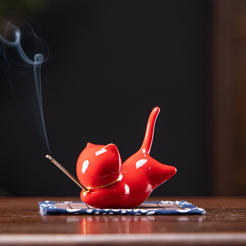 Brûleur d'encens en céramique avec joli chat panda et bénédiction - Porte-encens Red Cat - image 10