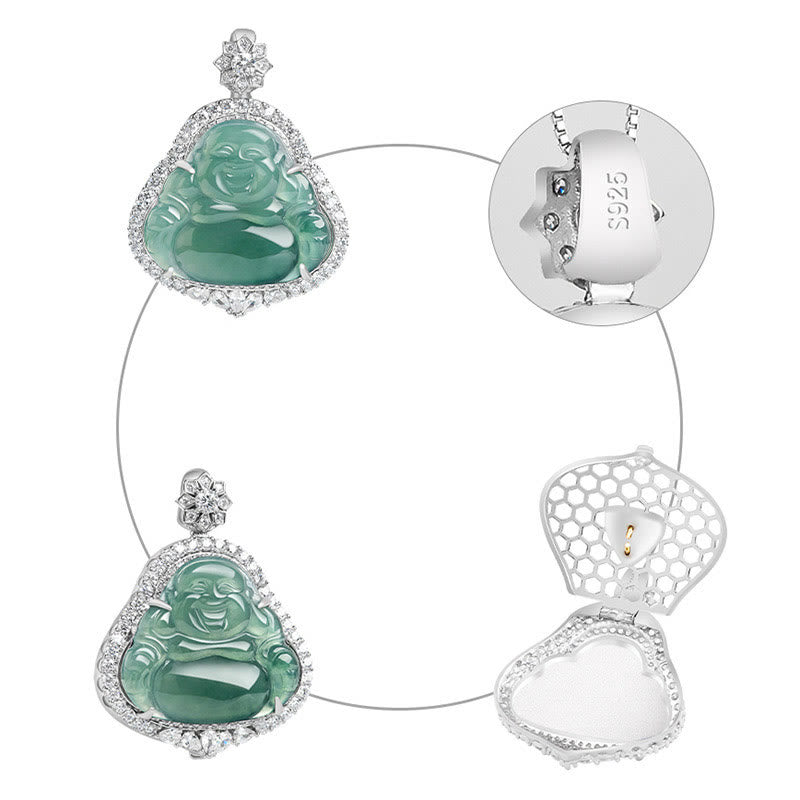Collier Buddha Stones en jade naturel représentant un Bouddha rieur, symbole de chance et d'abondance, avec chaîne en acier titane. - image 5