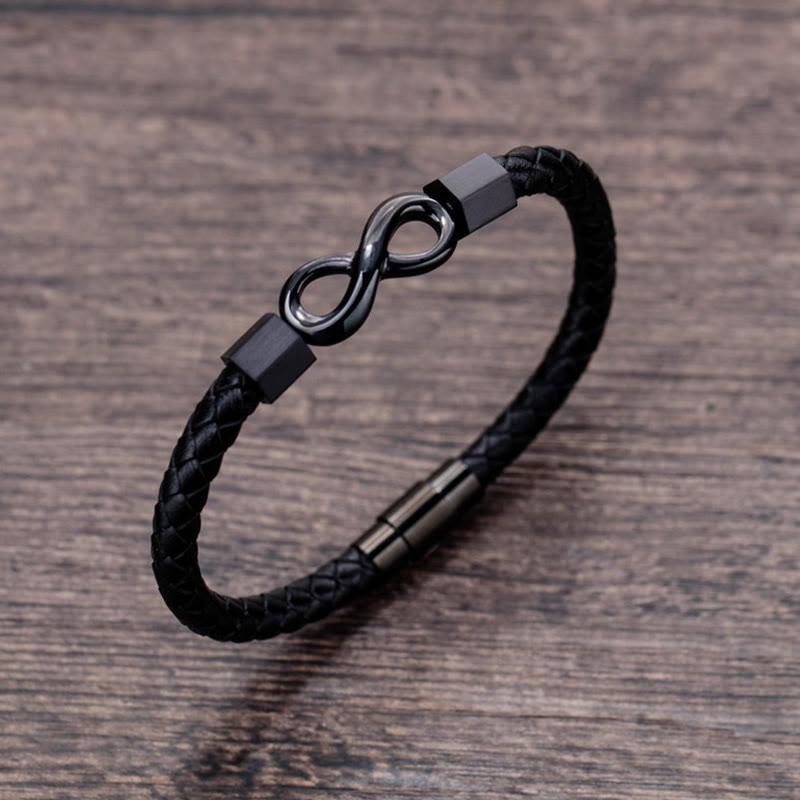 Bracelet d'équilibre en cuir tissé avec nœud sans fin en acier titane et Buddha Stones