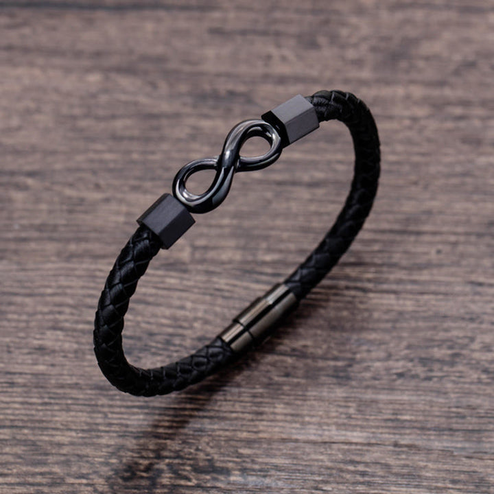 Bracelet d'équilibre en cuir tissé avec nœud sans fin en acier titane et Buddha Stones