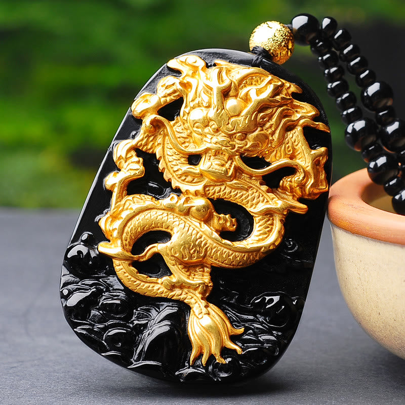 Collier pendentif porte-bonheur en obsidienne de dragon plaqué or 18 carats de Buddha Stones - image 2
