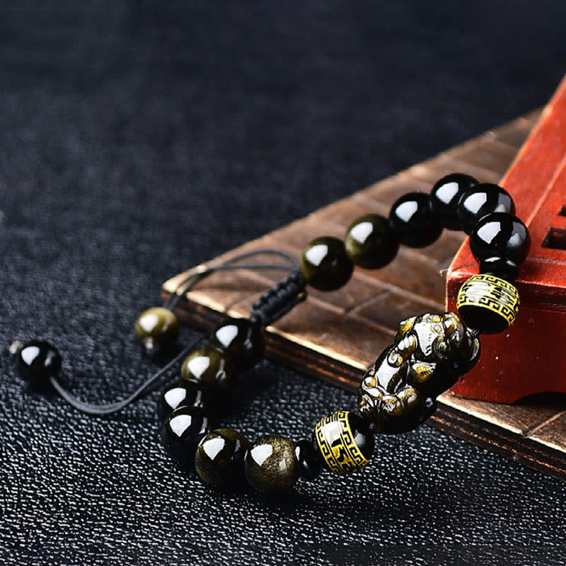 Bracelet tressé en Buddha Stones naturelle dorée et brillante PiXiu Om Mani Padme Hum Wealth