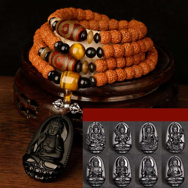 Bracelet tibétain en 108 perles de Mala Rudraksha Bodhi Seed Zodiac chinois Bouddha natal Richesse Charm