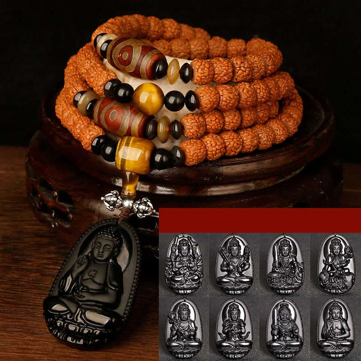 Bracelet tibétain en 108 perles de Mala Rudraksha Bodhi Seed Zodiac chinois Bouddha natal Richesse Charm