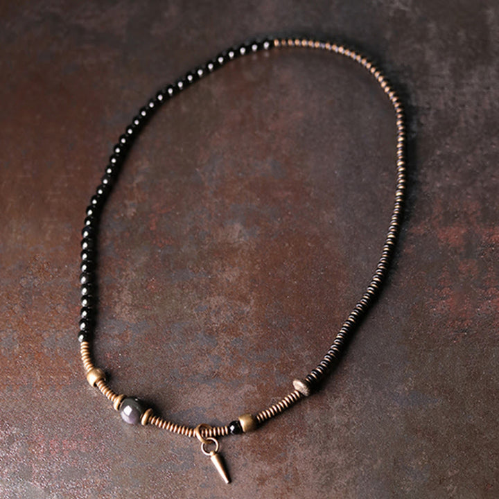 Bracelet triple tour de guérison en cuivre et bois d'ébène avec Buddha Stones arc-en-ciel et obsidienne