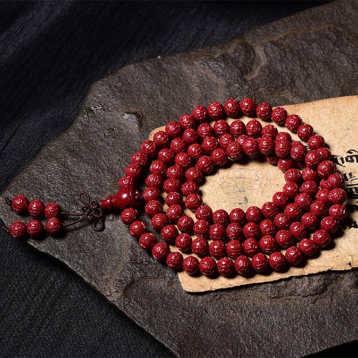 Bracelet de bénédiction gravé avec 108 Buddha Stones de Mala en cinabre et motif Om Mani Padme Hum - image 9