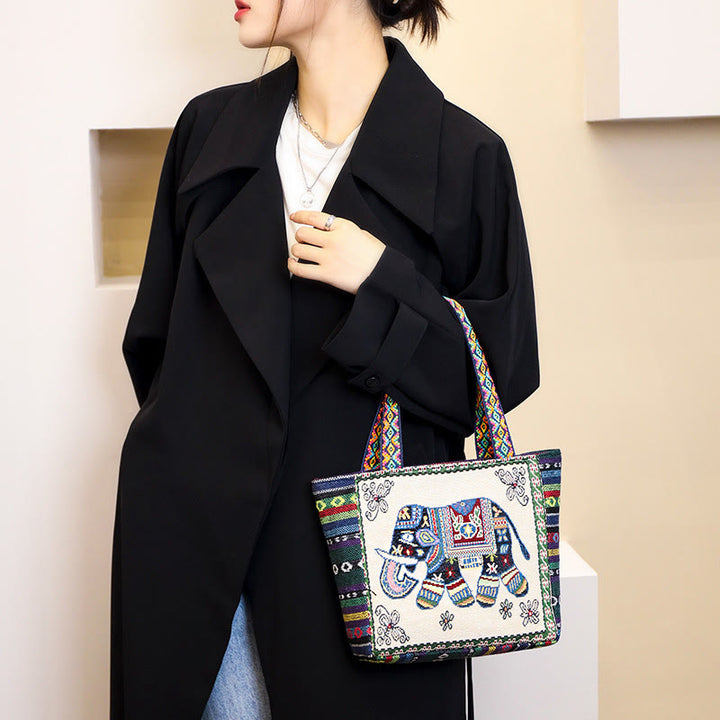 Sac fourre-tout en toile brodé de grande capacité avec Buddha Stones, éléphant et papillon