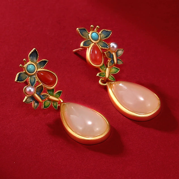 Boucles d'oreilles pendantes en forme de goutte d'eau Buddha Stones, jade blanc, agate rouge, papillon, protection