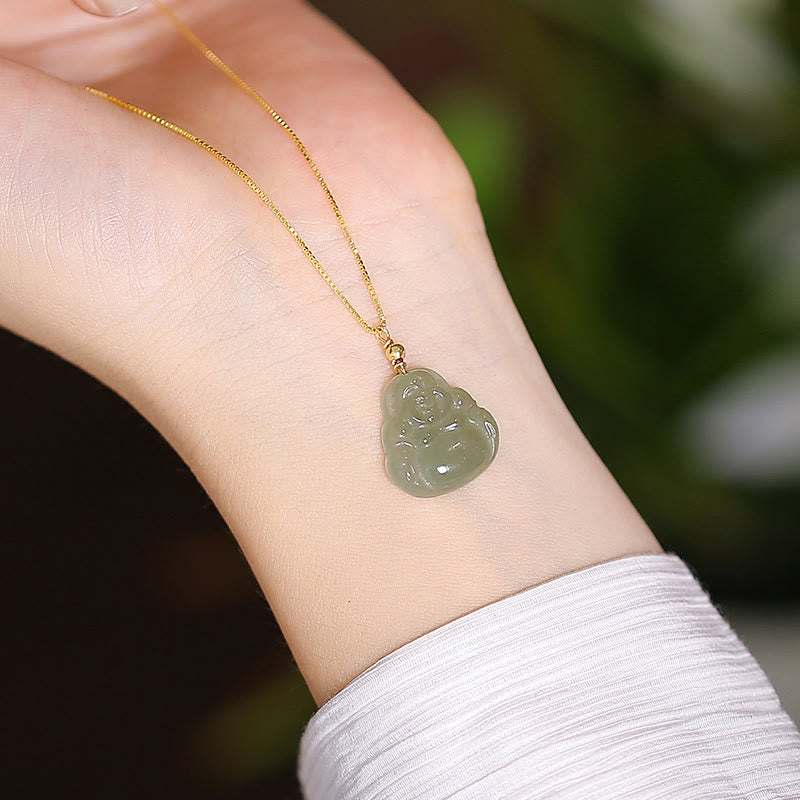 Collier pendentif papillon Bouddha rieur en argent sterling 925 avec jade Hetian naturel cyan - Bouddha rieur en jade de Hetian - image 2