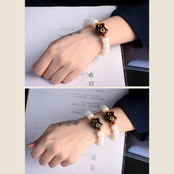 Bracelet de sagesse en Buddha Stones, graine de Bodhi naturelle, petite feuille, bois de santal rouge, bois d'ébène, joli chat porte-bonheur - image 17