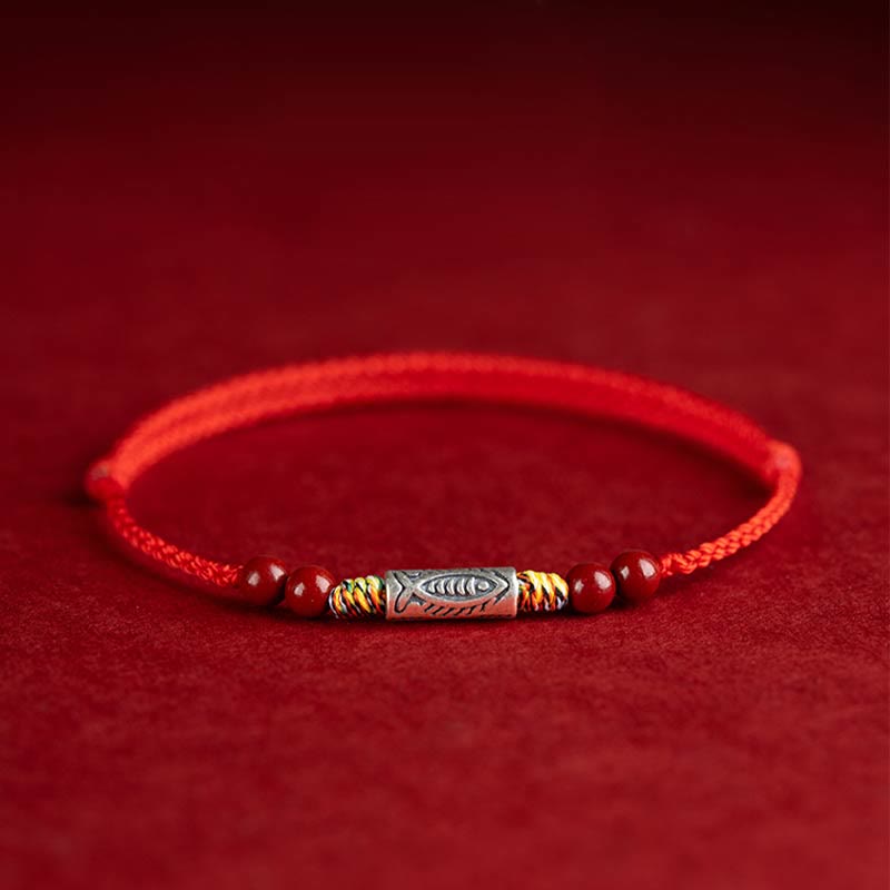 Bracelet de cheville tressé artisanal en argent sterling 925 avec perles de cinabre et poisson koï de Buddha Stones