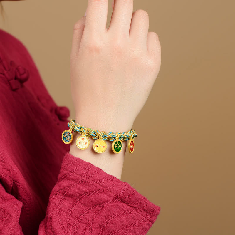 Bracelet en corde tressée fait main avec Buddha Stones tibétaines représentant les cinq dieux de la richesse et de la chance