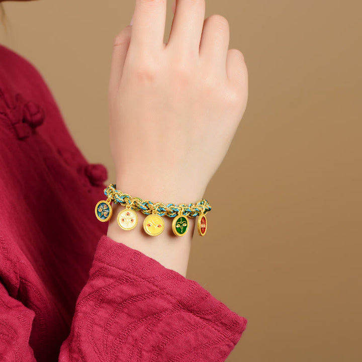 Bracelet en corde tressée fait main avec Buddha Stones tibétaines représentant les cinq dieux de la richesse et de la chance