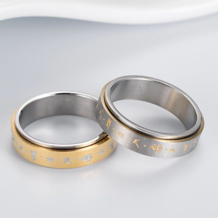 Bague rotative d'équilibre en acier titane avec mantra Buddha Stones