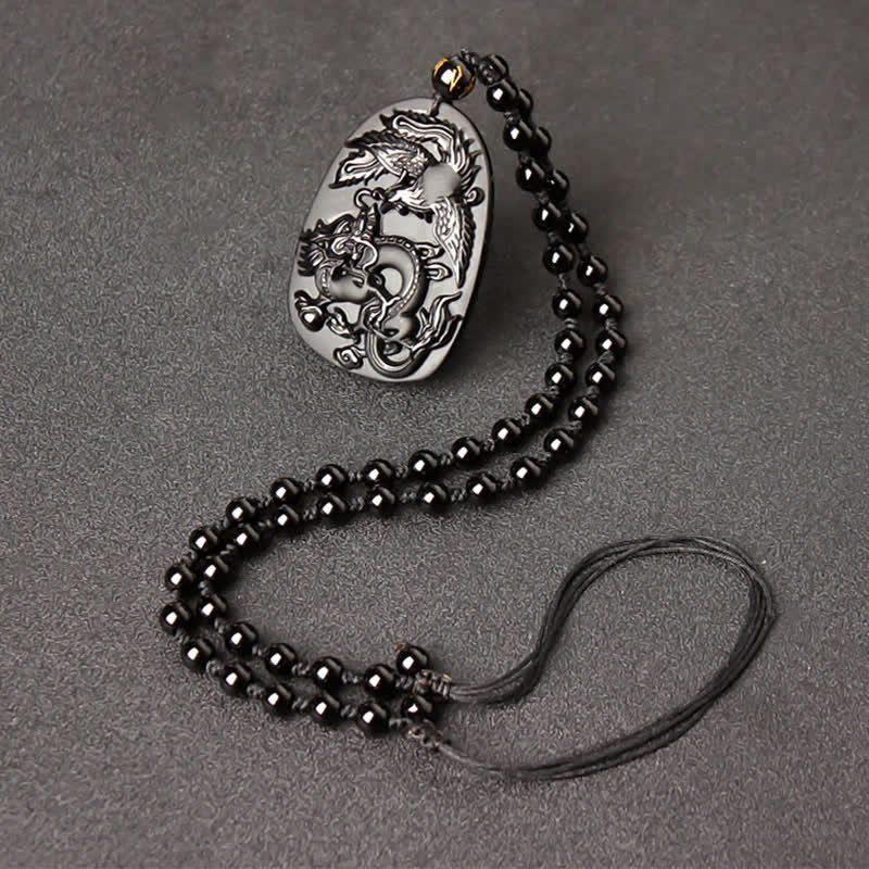 Collier avec pendentif en perles de protection en obsidienne noire œil de tigre dragon phénix - Fil de perles rétractable en obsidienne - image 9